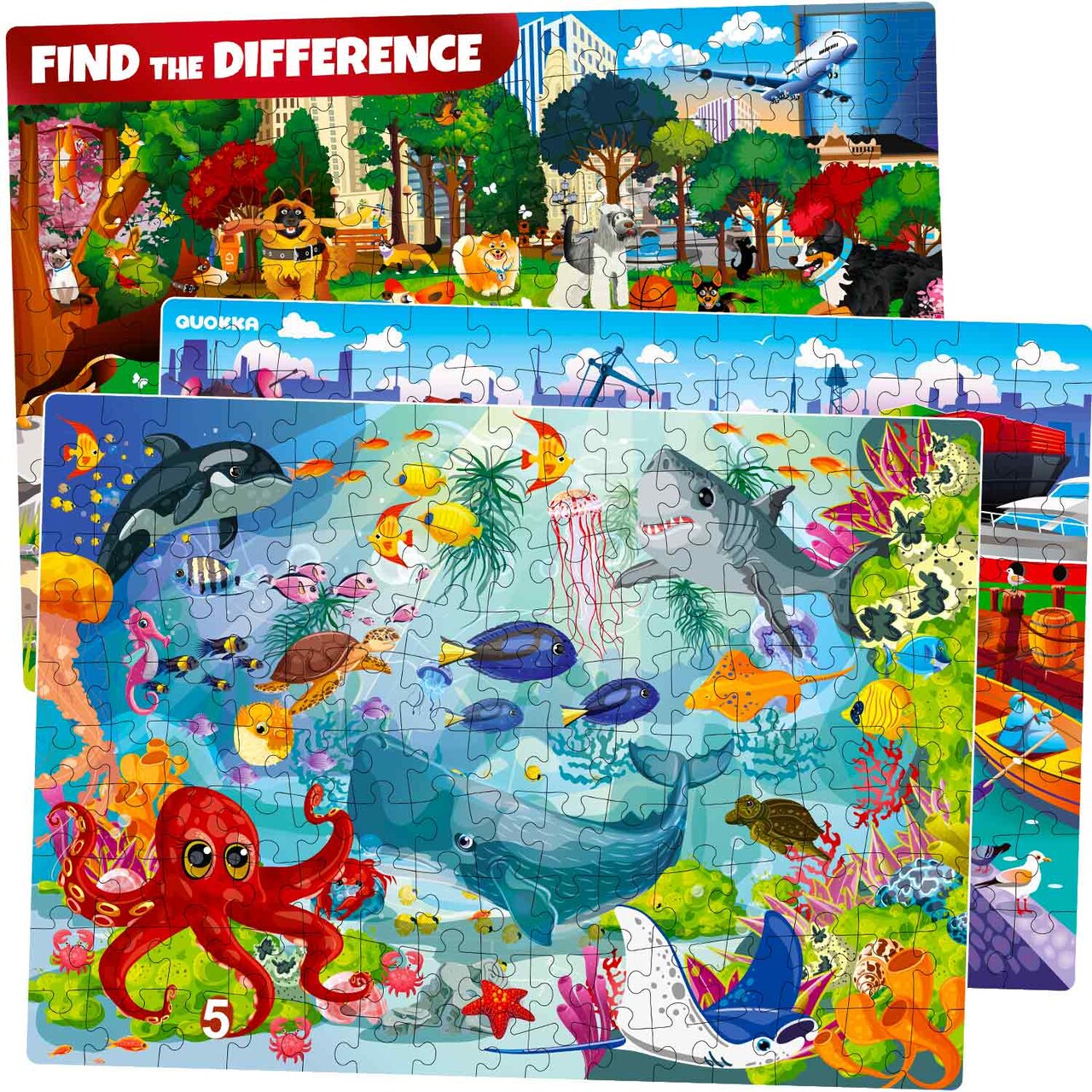 QUOKKA Floor Puzzles for Kids Ages 8-10 – 3X150 Piece Puzzles for Kids Ages 4-6 – Toy for Learning Ocean & Animals & Vehicles for 6-8 yo – Jigsaw Toddler Game for Boy and Girl Ages 3-5